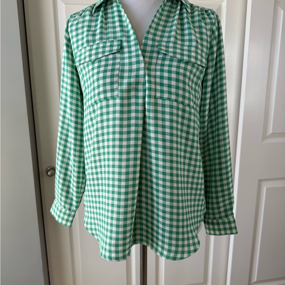 Ann Taylor Green Gingham Button-Front Blouse small petite